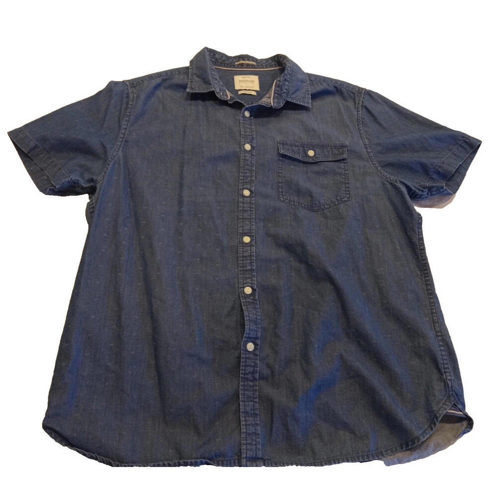 Denim & Flower Slim Fit Short Sleeve Denim Shirt Men's XL Button Down Blue